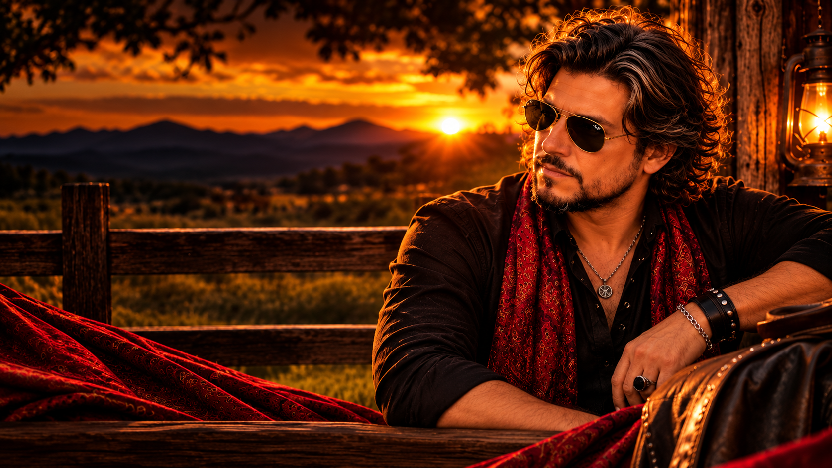 Composição masculina com camisa preta, lenço vermelho e acessórios ao pôr do sol